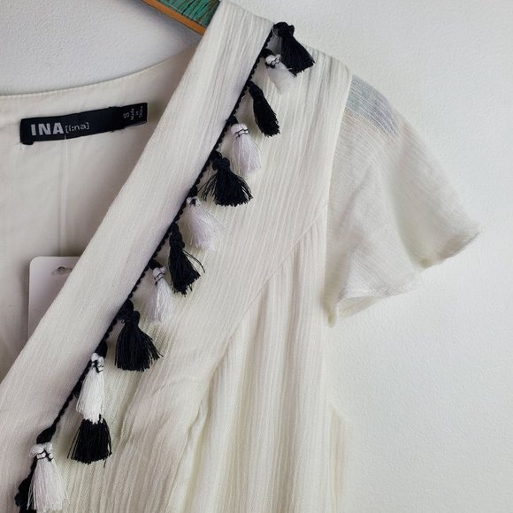 INA [i:na] Black and White Spanish Tassel Maxi Dress w/ Butterfly Cap Sleeve, S - Picture 6 of 12